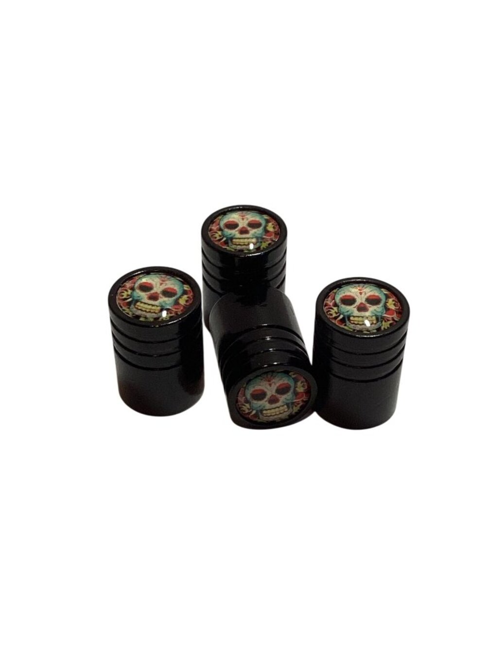 4 Pcs Skull Decor Black Metal Polished Resin Insert Valve Stem Caps NEW